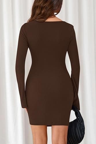 dowerme Women's Casual Mini Dress 2025 Bell Long Sleeve Boat Neck Tie Waist Bodycon Dresses Knitted Party Fall Outfits thumbnail 6