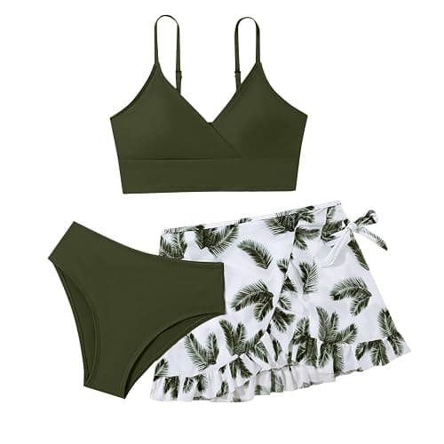 Bikini Teenager Mädchen 3-teilig Bikini-Set Verstellbare Bikinioberteile Triangel Bikinihose und Rock mit Blumenmuster Sommer Hawaii Strand Teenager Bademode Badebekleidung Mädchen - Image 1