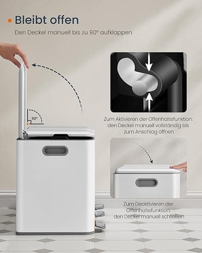 SONGMICS HOME Mülleimer Küche, 3 x 15 L Fächer, Abfalleimer mit farbcodierbaren Pedalen, Mülltrennsystem, mit Deckeln und Inneneimern, Stahl, wolkenweiß LTB740W02V1 thumbnail 4