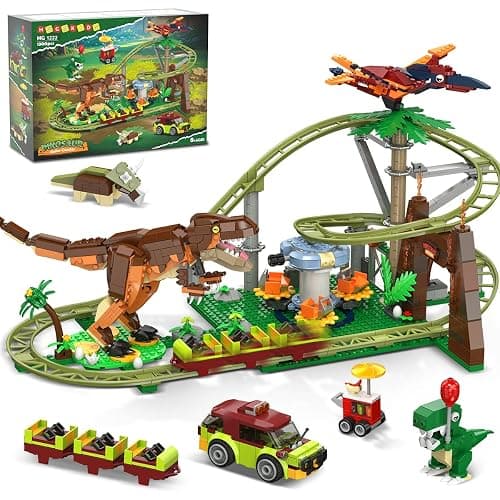 HOGOKIDS Dinosaur Roller Coaster Building Set - 1222PCS Rollercoaster Building Toy with 4 Dinosaur, Off-Road Vehicle, Food Cart, Dinosaur Models Playset Gift for Adults Kids Girls Boys Ages 8-12 Year - Image 1