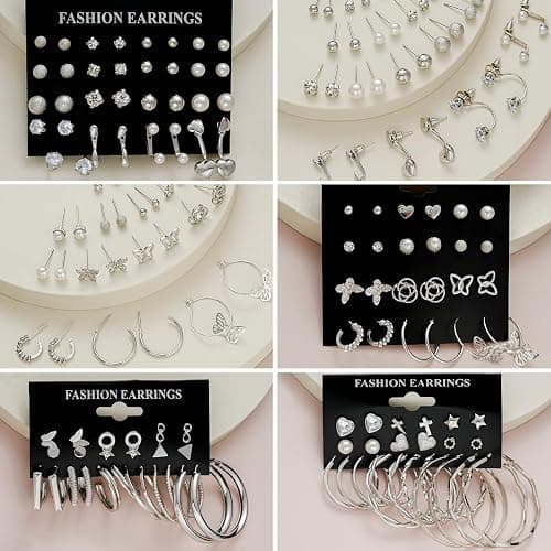84 Pairs Gold Stud Earrings Set for Women Multipack, Fashion Pearl Cubic Zirconia Butterfly Earrings Packs Piercings, Hypoallergenic Stud Hoops Earrings for Gift thumbnail 5