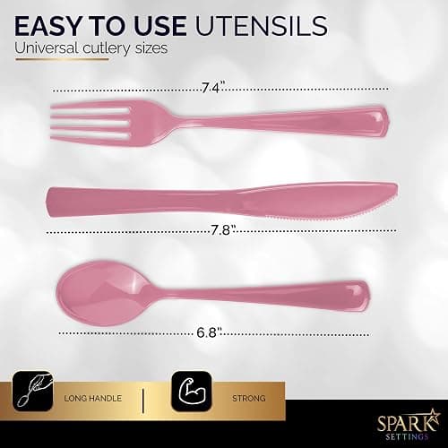 150 Pack Plastic Silverware Heavy Duty, Pink Disposable Cutlery, 50 Spoons, 50 Forks, 50 Knives, Plastic Utensils Set for Home Office School Party Picnics Weddings & More - SparkSettings thumbnail 3