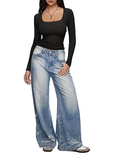 REORIA Long Sleeve Shirts for Women Scoop Neck Going Out Slim Basic Tshirts 2025 Trendy Tops Ribbed Knit Fall Outfits thumbnail 5