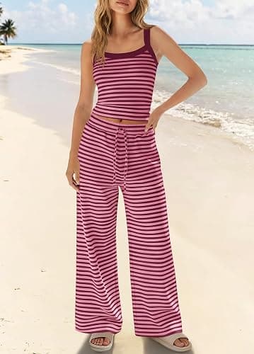 Panadila Womens Striped Two Piece Sets Summer Beach Outfits | 2 Piece Lounge Set, Spaghetti Strap Tank Top, Drawstring Wide Leg Pant with Pockets, Matching Sets, Vacation, Travel, Airport thumbnail 2