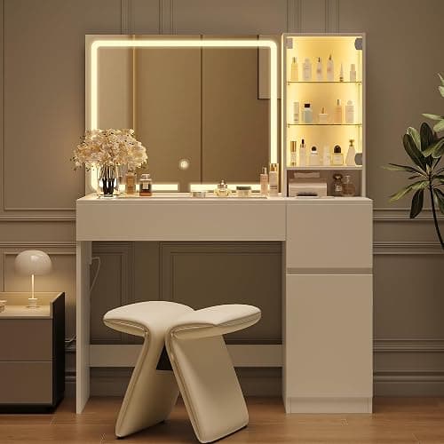 wanan Vanity with Glass Top, White Vanity Desk with Mirror and Lights, Jewelry Storage, Power Outlet, 3 Adjustable Lighting Modes, Makeup Vanity with 2 Drawers for Bedroom thumbnail 7