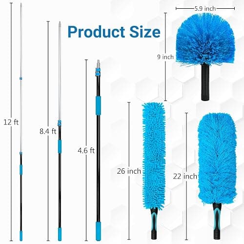 20FT High Ceiling Fan Duster with 5-12FT Extension Pole, Extendable Reusable Cobweb and Bendable Feather Duster Kit for Cleaning Spiderweb and Dust thumbnail 2