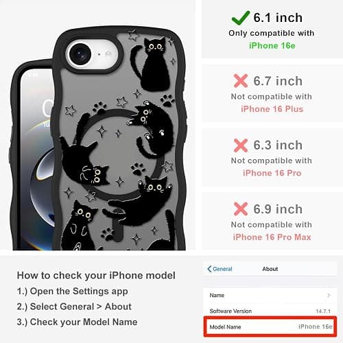 Heaofei Cute Case for iPhone 17e & 16e Case [Compatible with MagSafe] with Kawaii Black Cats Cat Print Pattern Design for Women Girls, Soft Wavy Edge Anti-Slip Animal Magnetic Protective Phone Cover thumbnail 2