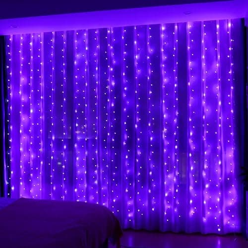HXWEIYE 300LED Fairy Curtain Lights, 9.8x9.8Ft USB Plug-in 8 Modes Christmas String Hanging Lights with Remote for Bedroom Backdrop Wedding Indoor Wall Decor, Purple, Standard – 1 Pack - Image 1
