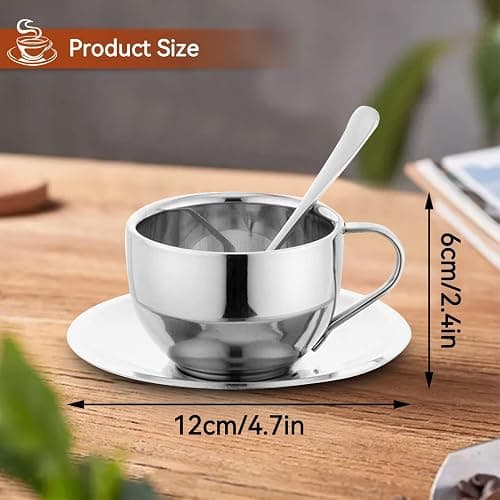 Stainless Steel Coffee Cup Set - 125ML Espresso Cups with Saucer and Spoon for Coffee and Tea Lovers thumbnail 3