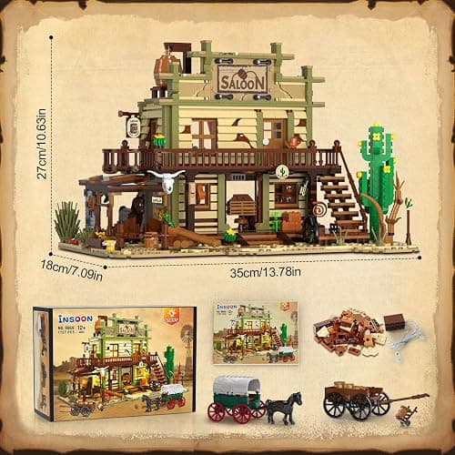 INSOON Western Saloon Building Set with LED Light, Wild West Building Block Toy 1727 PCS, Old West Construction Model with Horse Stable Cowboy Hat, House Building Kit Gift for Adults Teens 12+ thumbnail 6