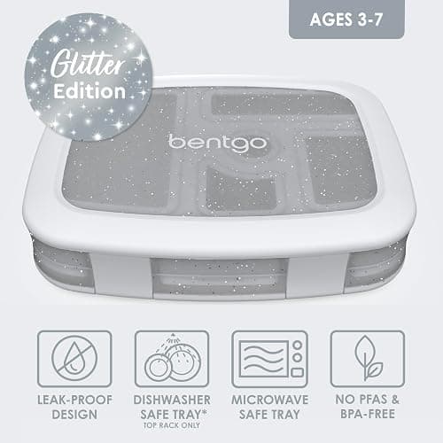 Bentgo Kids 5-Compartment Lunch Box - Glitter Design for School, Ideal for Ages 3-7, Leak-Proof, Drop-Proof, Dishwasher Safe, & Made with PFAS & BPA-Free Materials (Glitter Edition - Silver) thumbnail 4