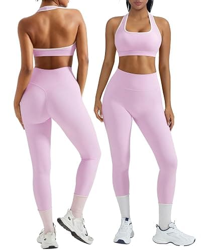 OMKAGI 2 Piece Workout Sets for Women Halter Sports Bras Gym Sets Booty Leggings Outfits - Image 1