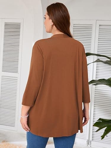 AusLook Women's Plus Size Lightweight Open Front Cardigan 3/4 Sleeve Cover Ups Shrugs Shawls and Wraps Kimono Jacket Coat thumbnail 4