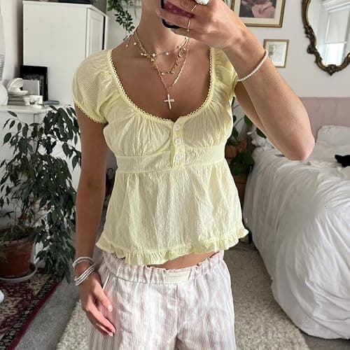 Women Fairy Crop Top Summer Teen Girl Vintage Short Sleeve Ruffle Hem Going Out Babydoll Top Y2k Shirt thumbnail 2
