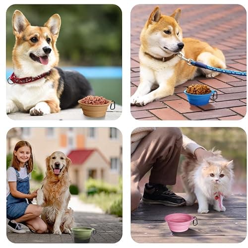 PetBonus 2-Pack Silicone Collapsible Dog Bowls, BPA Free Dishwasher Safe, Portable Foldable Expandable Travel Bowl, Food Water Feeding Cup Dish for Dogs Cats with 2 Carabiners (Turquoise, Tan) thumbnail 6