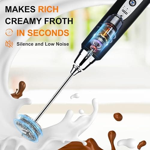 YUSWKO Black Handheld Milk Frother Wand for Coffee, Rechargeable Electric Whisk with 3 Heads 3 Speeds Drink Mixer Coffee Frother For Latte, Cappuccino, Hot Chocolate, Egg thumbnail 6