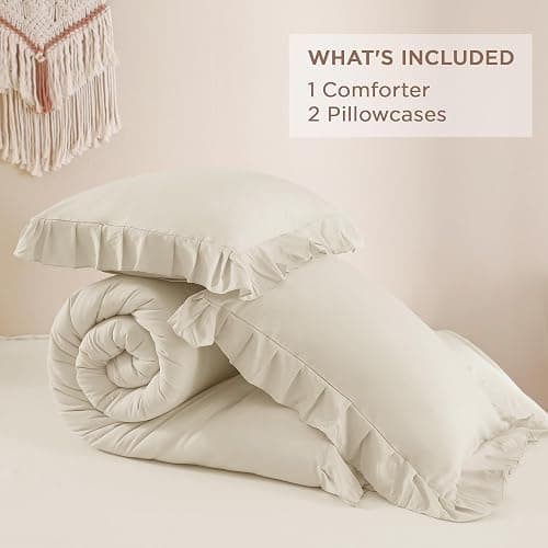 Andency Beige Comforter Set Full Size, 3 Pieces Solid Ruffle Vintage Rustic Soft Bedding Comforter Sets, All Season Lightweight Fluffy Soft Microfiber Bedding Set (79x90 Comforter & 2 Pillowcases) thumbnail 6