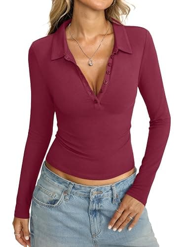 Womens Cotton Polo Collared Shirt Long Sleeve Sexy Deep V Neck Top Button Up Slim Fitted Tee Business Casual Outfit - Image 1