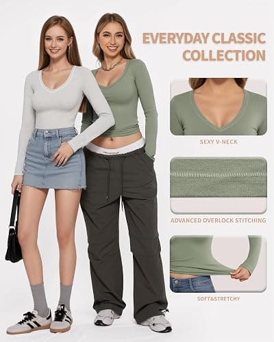 MANGOPOP Long Sleeve Shirts for Women Fall V Neck T Shirt Slim Fitted Tees thumbnail 5