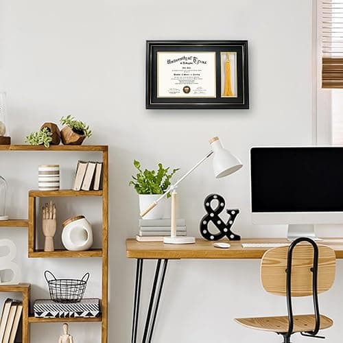 GraduationMall 11x17 Black Wood Diploma Frame with Tassel Holder for 8.5x11 Certificate Document,Real Glass,Black over Gold Mat thumbnail 2