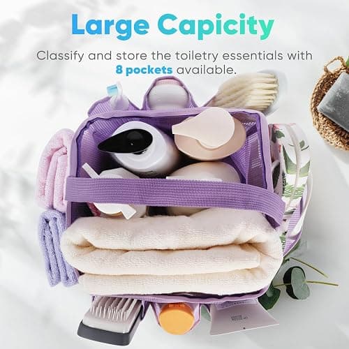 EUDELE Mesh Shower Caddy Portable for College Dorm Room Essentials,Portable Shower Caddy Dorm with 8-Pocket Large Capacity, Shower Bag for Beach, Swimming, Gym-Purple thumbnail 3
