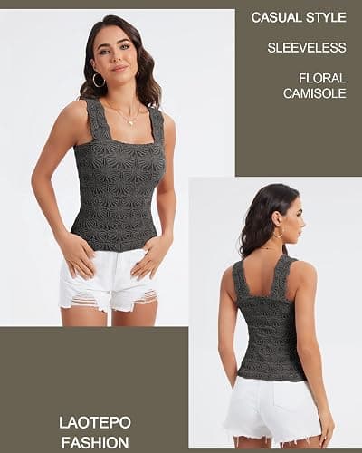 Women's Square Neck Wide Strap Crop Tank Tops Slim Fit Sleeveless Going Out Top Flower Lettuce Trim Cami Tops - Small - Dark Gray thumbnail 3