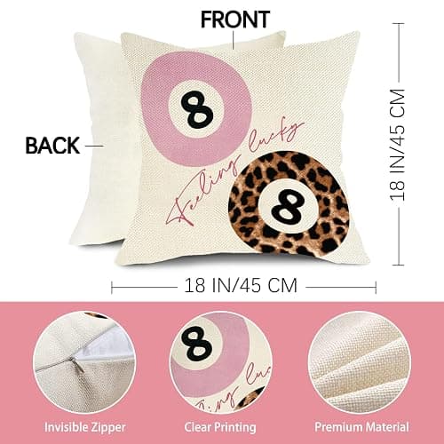 Fjfz Feeling Lucky 8 Ball Pink Leopard Print Decorative Throw Pillow Covers | 18 x 18 Set of 4, Trendy Cheetah Billiards Playing Card Star Home Decor, Funky Girls Dorm Bedroom Sofa Couch Cushion Case thumbnail 3