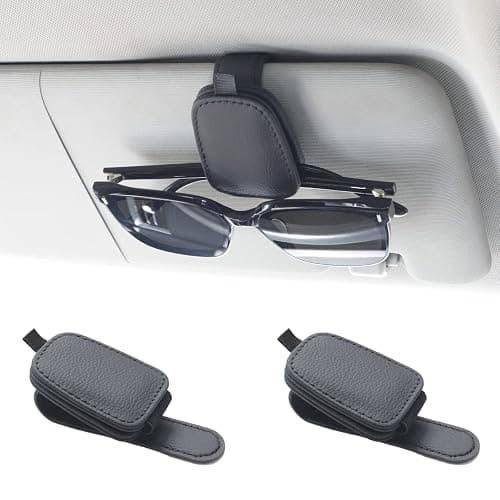 Yuoyar Sunglass Holder for Car, Magnetic Leather Sunglasses Holder and Ticket Card Clip, Car Visor Accessories, 2 Packs (Black) - Black - Image 1