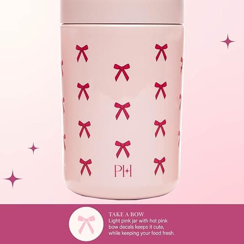 Paris Hilton Stainless Steel Food Jar, Double Wall Vacuum Sealed Insulated Food Storage Container with Carry Handle Lid, 16-Ounce, Pink with Bow Design thumbnail 6