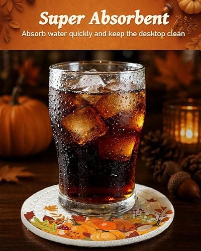 Kokaaee 4pc Braided Cotton Coasters Set, Fall Cat & Pumpkin Decor | 4.3",Absorbent,Heat-Resistant,with Holder,Woven Cloth Fabric,for Drinks Coffee Home Office Party Desk Table thumbnail 4