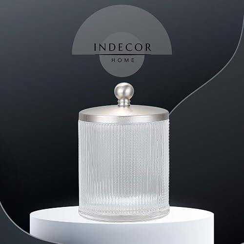 Indecor Home Glass Jar with Metal Lid for Bathroom Organization, Clear Apothecary Jar for Cotton Balls, Q-Tips, and Small Accessories, Stylish Bathroom Storage Container - Nickel/Clear - Nickel/Clear thumbnail 8