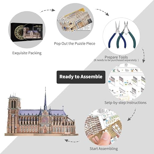 Piececool 3D Metal Puzzles for Adults and Teens, Notre Dame De Paris Church Metal Model Kit, Challenge French Cathedral Brain Teaser Architecture Building Blocks Puzzle, 382 Pcs thumbnail 4