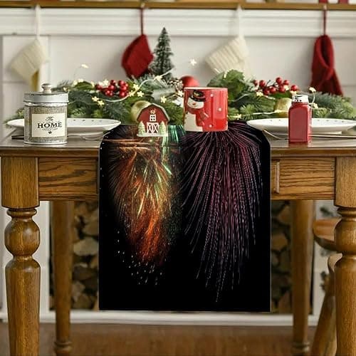 Splendid Fireworks Table Runner and Placemats of 6 Washable Heat Resistant Place Mats with Table Runner Vintage Holiday Table Mat Set for Holiday Party Kitchen Dining Deco thumbnail 5