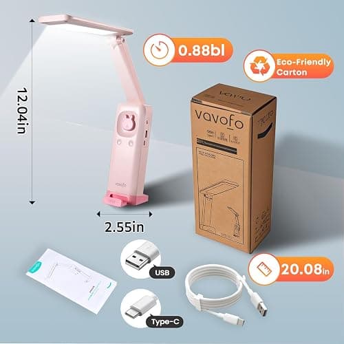 VAVOFO Cute Desk Lamp, Foldable & Portable LED Lamp with 6000mAh Rechargeable Battery, 3 Color Modes, USB-C Cordless Study Lamp for Bedroom, Office, Kids Room (Pink) thumbnail 8