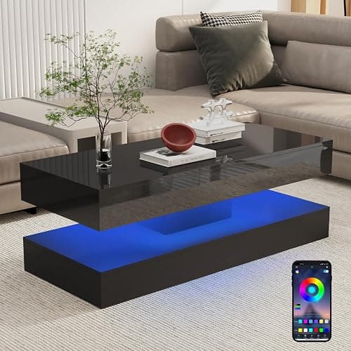 Uspeedy 47.3in Large High Glossy LED Coffee Table with 2 Storage Drawers,Black/White Modern Coffee Tables for Living Room,Living Room Tables,APP LED Lights (Black) thumbnail 2