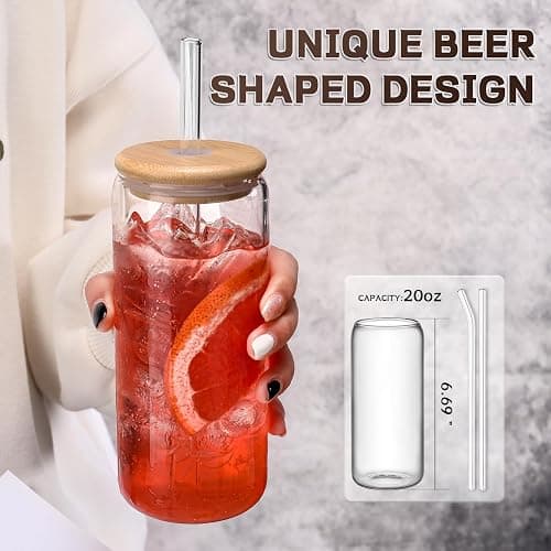 Glass Cups “20oz”,Glass Cups with Lids and Straws 4 pcs-DWTS Coffee Cups,Drinking Glasses Set,Glass Tumbler with Straw and Lid Gift 2 Cleaning Brushes - 1 - 20oz Clear thumbnail 3