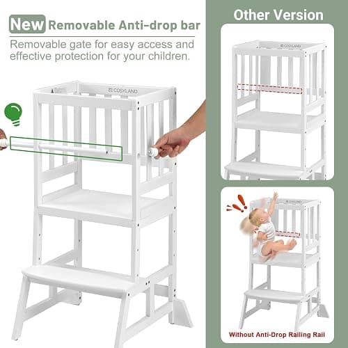 COSYLAND Kids Kitchen Step Stool, Height Adjustable Toddler Standing Tower Nursery Helper with CPC & FSC Certification, Removable Safety Railing Enjoys Exclusive Paten，White thumbnail 4