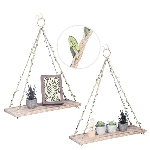 MITIME Hanging Shelves for Indoor Wall and Window - Floating Wall Shelves for Plant Display, Boho Style Home Decor.(Leaf Rope, Light Color,Large*2) - Image 1