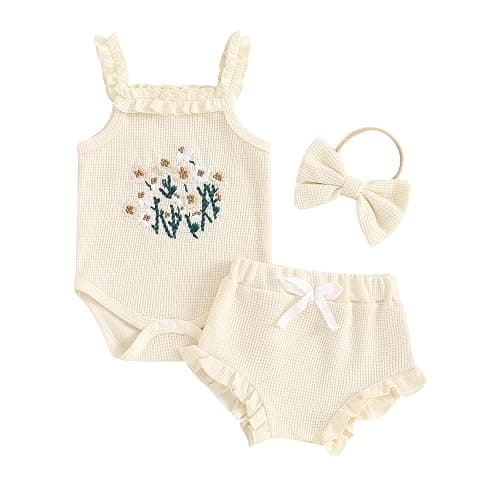 Kavousa Newborn Baby Girl Summer Clothes Floral Embroidery Hater Romper Bloomers Shorts Set Headband Cute Baby Girl Outfit - Image 1