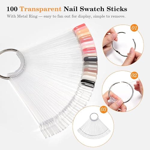PEACECOLOR 100 Pcs Nail Swatch Sticks with Ring, 120 Blank Number & Box | Nail Color Swatches Display Kit, Protective Container Box, Clear Fan-Shaped Swatch for Nail Art Practice, Home and Salon thumbnail 5