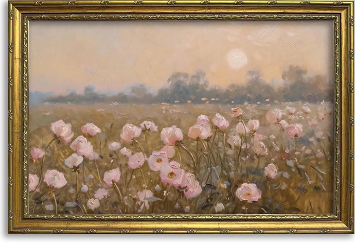 DR.RiftArt Vintage Flower Pink Landscape Wall Art Floral Wall Decor | Pastel Wildflower Rustic Farmhouse Canvas Picture Painting Print for Bedroom Living Room Office 16x24 inch Gold Framed - Image 1