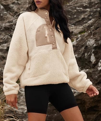 Yanekop Womens Fuzzy Fleece Pullover Sherpa Sweatshirt Long Sleeve Button Down Sweater Winter Fleece Jacket with Pockets thumbnail 4