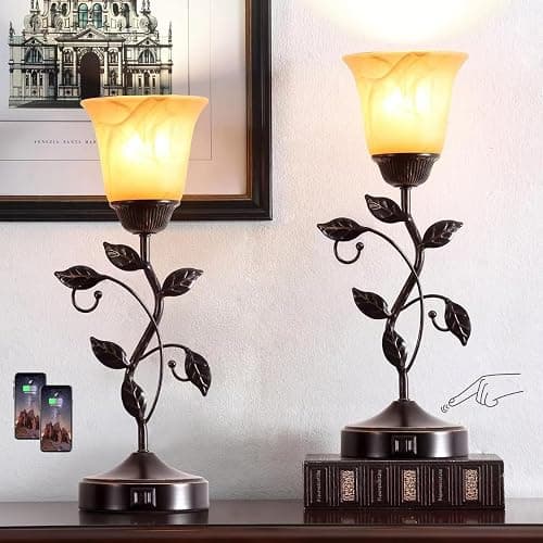 RORIANO Set of 2 Touch Vintage Bedroom Leaf Table Lamps with 2 USB Ports | 3-Way Dimmable Nightstand Flower Lamps, Amber Glass Shade Rustic Lamp for Living Room Bedroom, LED Bulb Included (Bronze) - Image 1