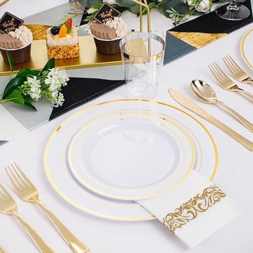350 Pieces White and Gold Plastic Plates - 50 Guest Dinnerware Set Include 100 Plates, 50 Gold Plastic Silverware, 50 Paper Napkins and 50 Cups for Party Wedding Valentine's Day thumbnail 4
