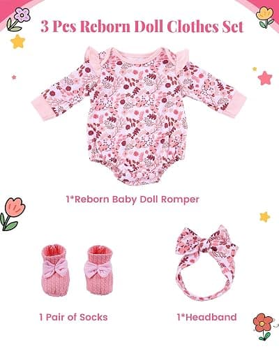 BABESIDE 3PCS Reborn Baby Doll Clothes for 17-22 Inch Dolls, Baby Doll Outfit Accessories with Floral Pattern fit Reborn Baby Dolls Girl Boy, Pink thumbnail 7