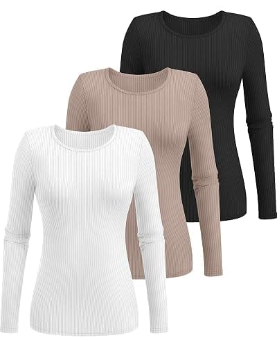 Ficerd 3 Pack Women's Ribbed Long Sleeve Tops, Crew Neck Slim Fit Undershirts Knit Basic Casual Stretch Layering Tee Shirts thumbnail 4