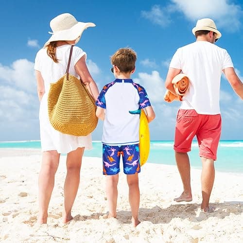 Boys Two Piece Rash Guard Swimsuits Kids Short Sleeve Swimwear Sets Bathing Suit with Sun Hat for 2-6 Years thumbnail 2