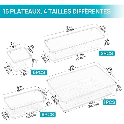 Vtopmart Organisateu Tiroir, Plastique Rangement Tiroir, 4 Tailles, 15 Pack | Design Transparent Empilable, pour Salle de Bain, Coiffeuse, Cuisine et Bureau, Livré avec Tapis Antidérapan, Facile Nettoyer thumbnail 2