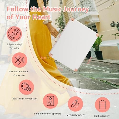 Portable Record Player 3-Speed Turntable Vintage Suitcase with Bluetooth, Built in Battery,3.5 mm Headphone Jack, RCA & Aux Ports for Outdoor thumbnail 3