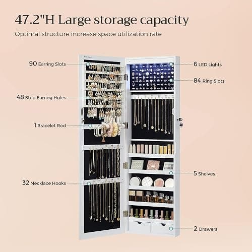 SONGMICS 6 LEDs Mirror Jewelry Cabinet, 47.2-Inch Tall Lockable Wall or Door Mounted Jewelry Armoire Organizer with Mirror, 2 Drawers, Christmas Gift, 3.9 x 14.6 x 47.2 Inches, White thumbnail 6